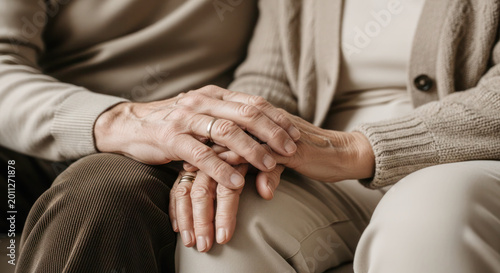 Close-up of elderly couple's hands resting together, showcasing wedding rings and textured clothing in a cozy indoor setting
