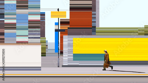 Photos Traveler walking with bag near yellow wall in abstract city district