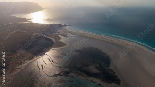 Canvas Print Aerial coastal lagoon and sandbar at golden hour