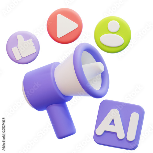 AI Marketing 3D Illustration with Megaphone and Social Media Icons
