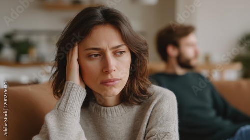 Woman shows signs of stress while holding her head. She sits on a couch beside her partner who appears distant. The setting is a modern living room with soft natural light