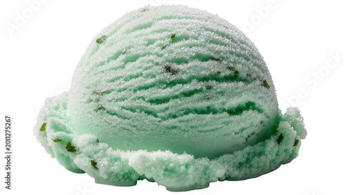 Photos Mint chocolate chip ice cream scoop with dark chips, isolated on transparent bac