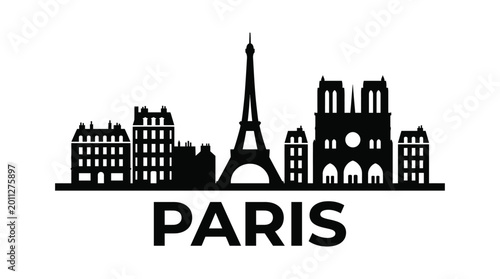 Photography Paris France City Skyline Silhouette with Eiffel Tower and Notre Dame Cathedral