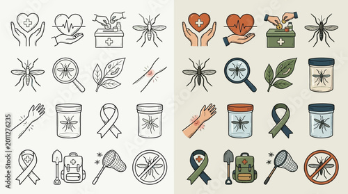 Photos Collection of icons representing mosquito control, health, and research, in both outline and color versions