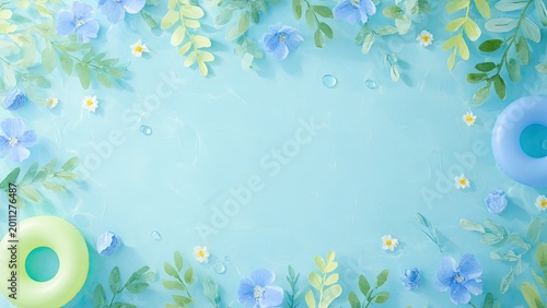 水彩風の花と浮き輪の夏フレーム背景 ナチュラルブルー素材