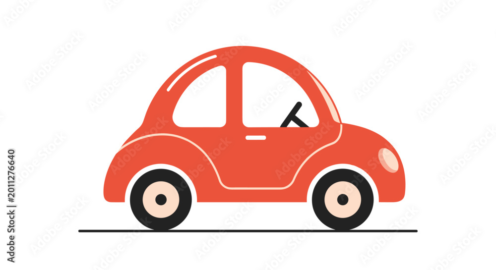 Fototapeta premium Simple profile illustration of a red compact car with a black steering wheel and large wheels on a thin road line.