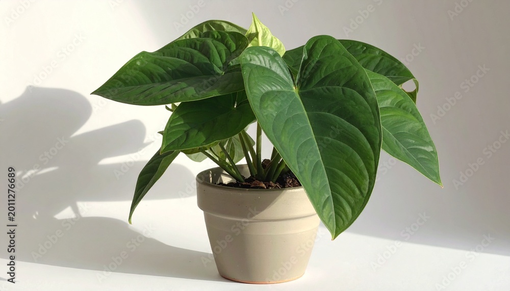 Fototapeta premium lush green calathea plant in beige pot with soft natural lighting on white background