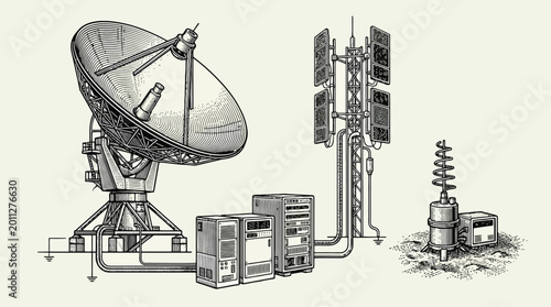 Parabolic satellite dish with transmitter and receiver system.