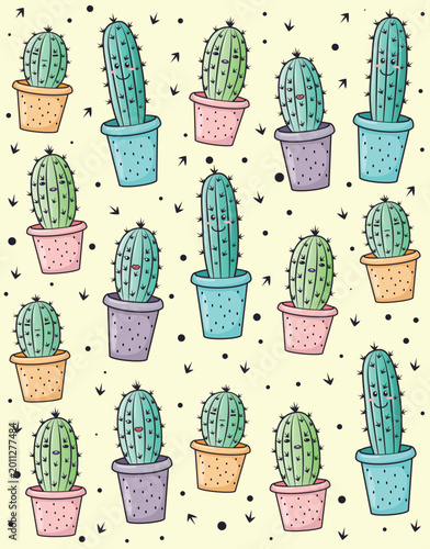 Cute cartoon cacti in colorful pots