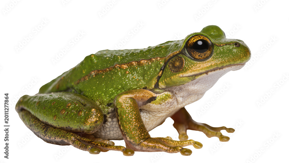 Obraz premium Green tree frog with golden stripes detailed skin texture, isolated on transparent background