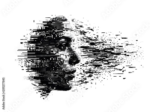 Photos Human face dissolving into digital pixel particles on white background
