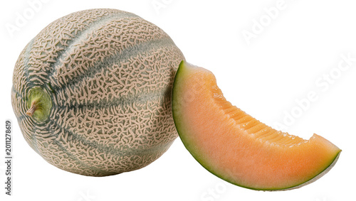 Fotografie Whole cantaloupe melon with a juicy slice, isolated on transparent background