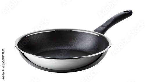 Принти на полотні Black non-stick frying pan with stainless steel rim and handle, isolated on tran