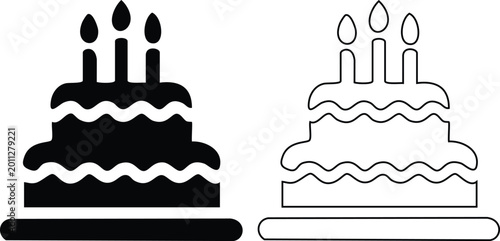 Birthday cake icon with candles flat solid and outline vector illustration.