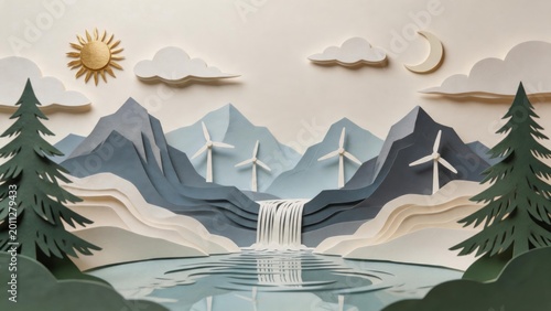 Paper art landscape with windmills