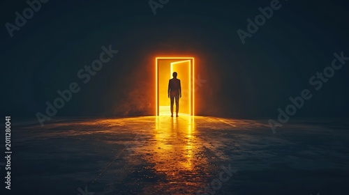 Cinematic scene of a person facing a glowing doorway in a dark minimal space, strong contrast and centered composition for opportunity driven marketing and storytelling