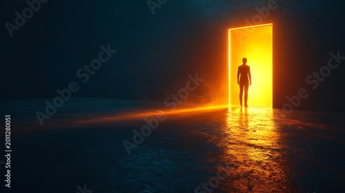 Person standing before a glowing open door in dark space, sharp silhouette with warm golden light, cinematic minimal concept of opportunity, future and new beginning