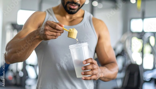 Muscular man prepares protein shake in a gym, scoop in hand, powder spilling into a clear shaker cup