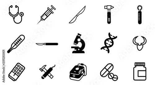 flat lay medical healthcare icons set with stethoscope syringe microscope and lab equipment vector illustration