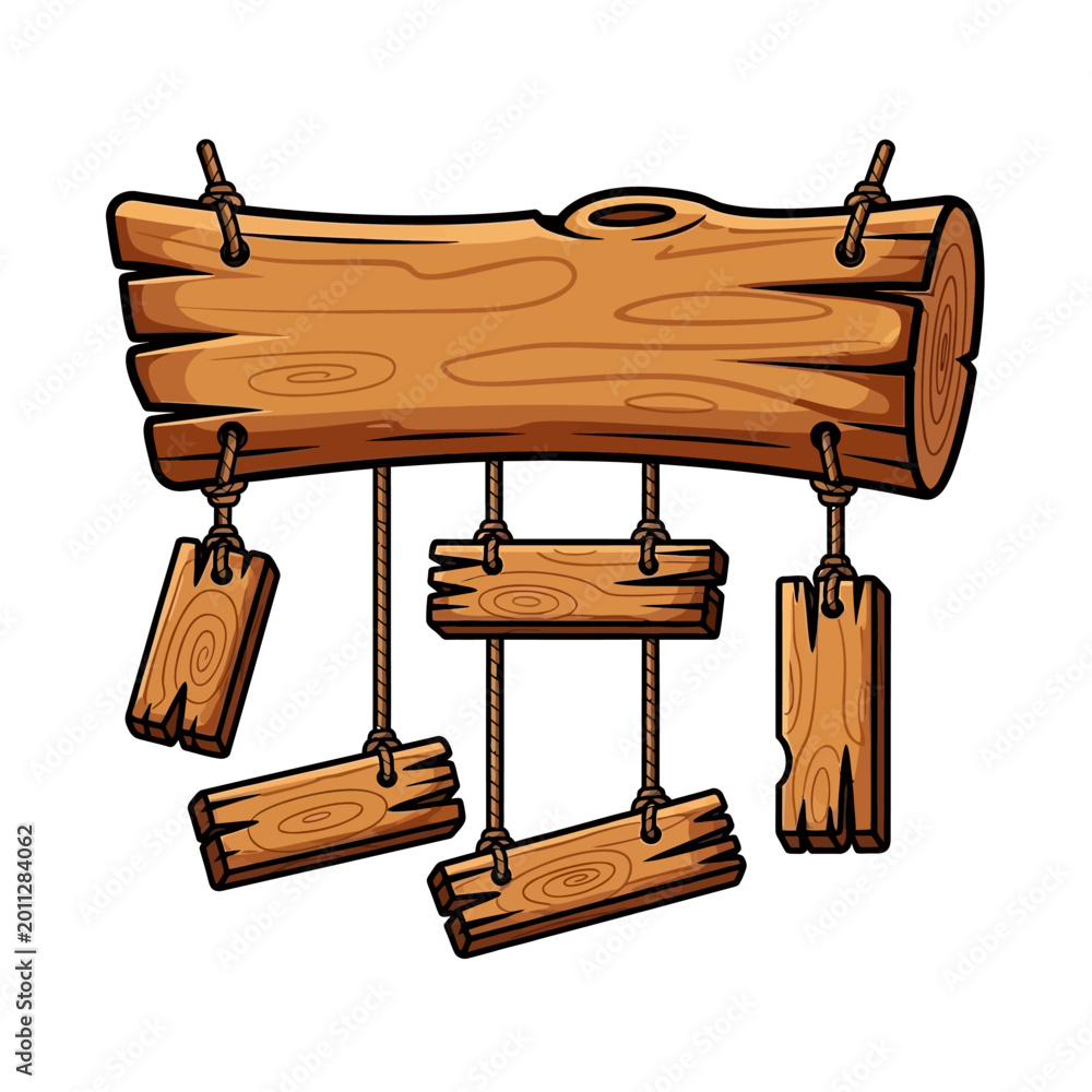 Fototapeta premium Rustic Wooden Signpost with Dangling Planks and Rope, Isolated on White Background