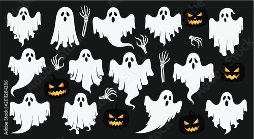 Tableau sur toile A playful collection of white cartoon ghosts, glowing jack-o'-lantern pumpkins, and skeletal hands isolated on a dark background