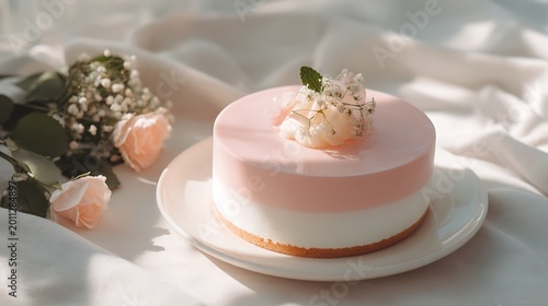 Elegant Korean-style cake, soft pink top, white edges, soft daylight, airy soft-focus poster look