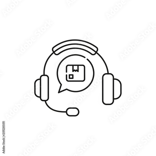 A graphic illustration of a headset with a speech bubble containing a chat icon