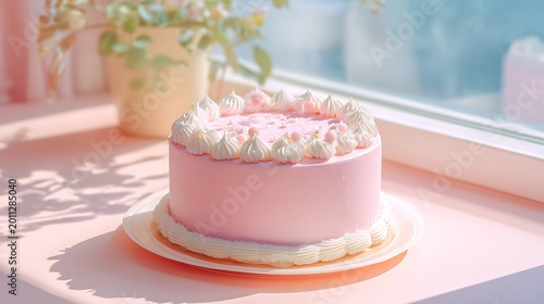 Minimalist Korean cake, soft pink frosting, white cream border, bright soft-focus daylight, dreamy poster style
