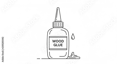 A bottle of wood glue with a nozzle and a drop of glue falling.