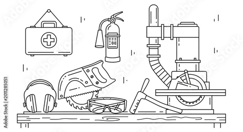 Industrial workshop tools and equipment on a workbench with safety gear