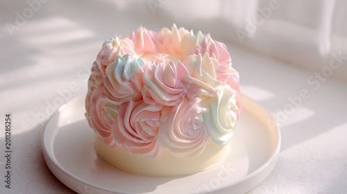Cute Korean-style cake, pastel pink frosting swirl, white base, soft daylight, airy cozy composition