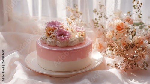 Cute Korean pastel cake, soft pink top, white cream rim, bright soft natural light, airy romantic composition
