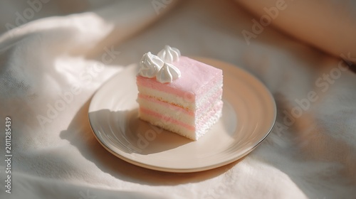 Minimal Korean cake, pastel pink frosting, white edges, cozy soft-focus light, dreamy modern aesthetic