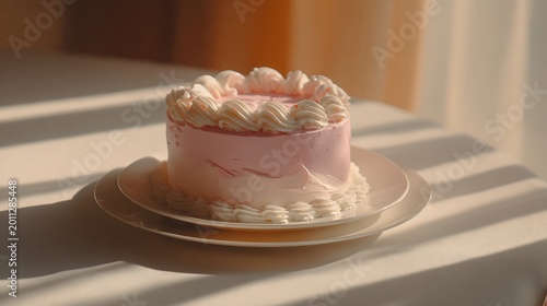 Minimal Korean cake, pastel pink frosting, white edges, cozy soft-focus light, dreamy modern aesthetic