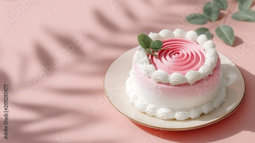 Romantic Korean-style cake, pink top swirl, white cream border, soft daylight, bright airy poster composition