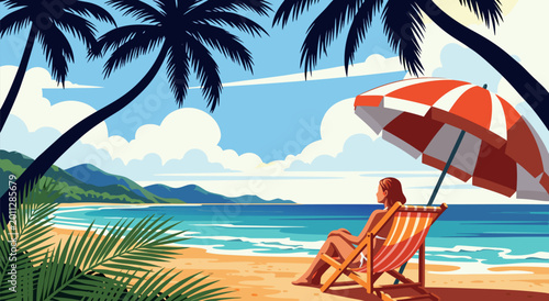 Tableau sur toile A serene beach scene vector illustration featuring a person relaxing in a chair