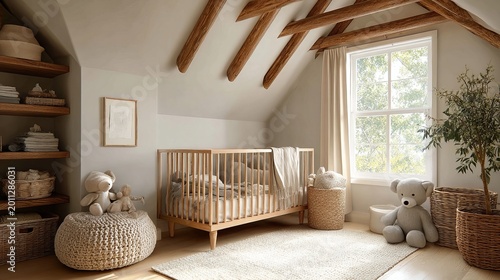 Wooden baby crib with soft white linens and cuddly teddy bears in a cozy nursery room