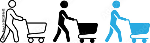 Shopping Cart User Icon Set Man Pushing Trolley Outline Solid Flat Style Retail Purchase Vector Illustration