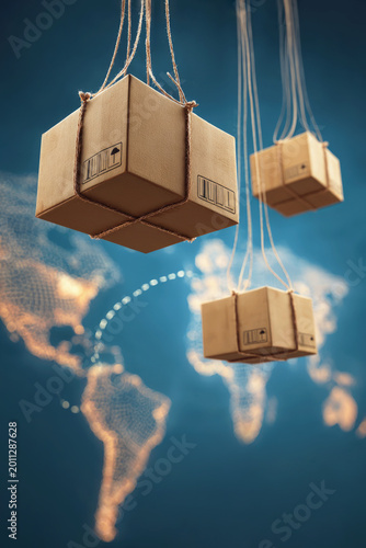 Cardboard parcels hang by twine over a glowing world map, symbolizing global shipping and logistics.