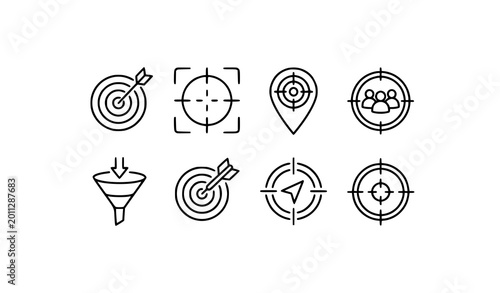 Εκτύπωση καμβά Targeting line icon set with goal focus marketing segmentation and aim symbols e
