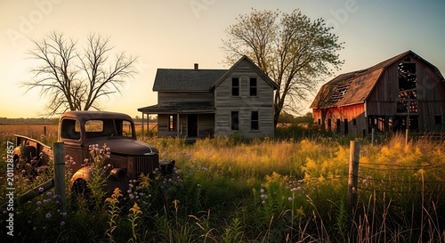 Abandoned Rustic Farmhouse and Vintage Truck Standing in Overgrown Rural Field at Sunset