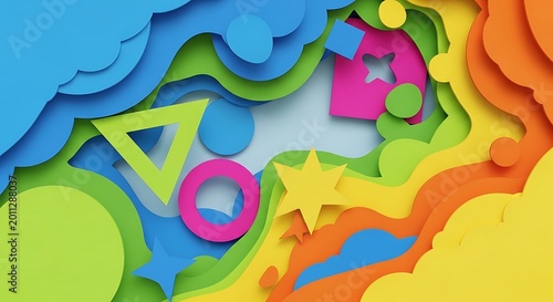 Colorful Paper Cut Geometric Shapes Arranged in Abstract Layered Background