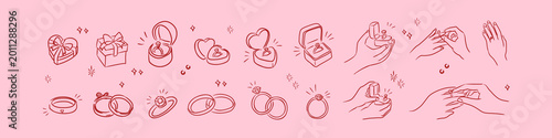 Romantic Whimsical doodle icons: rings, proposals, gift boxes, and heartfelt moments