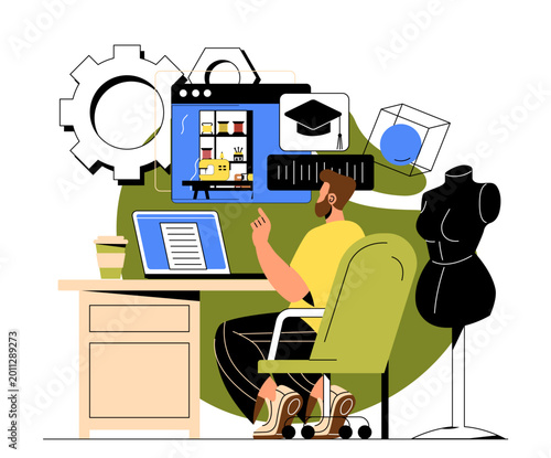 Sewing courses concept. Man sitting next to mannequin and watching video on computer. Education and Training. Hobby and leisure. Flat vector illustration isolated on white background