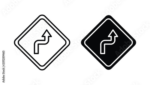Free Download Winding road ahead traffic warning sign icon set featuring linear and solid black shapes for navigation and highway safety signage design isolated on white background - GFXLoad