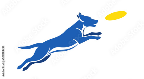 A blue dog in mid-air, leaping to catch a yellow frisbee, depicted in a minimalist graphic style.