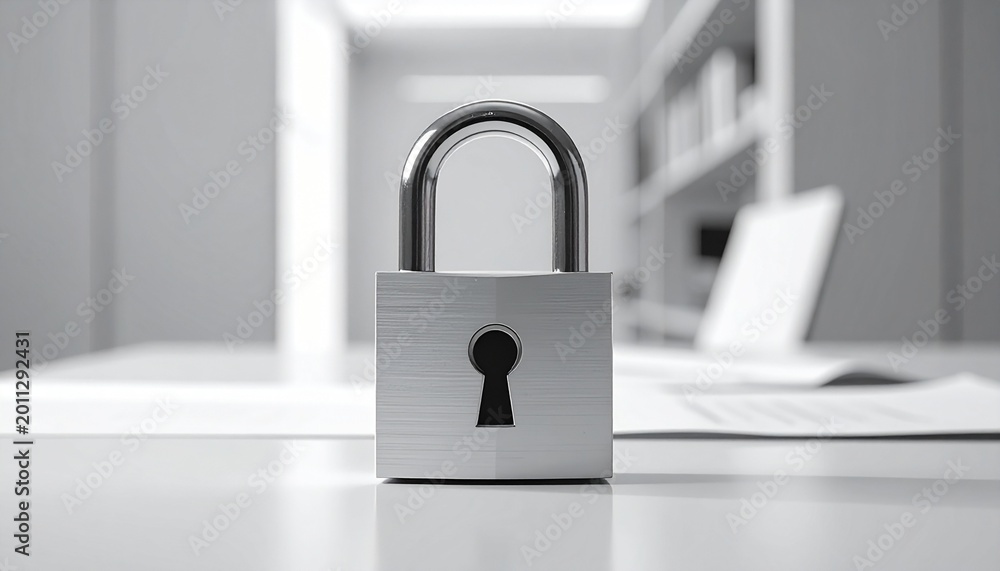 Fototapeta premium modern digital security padlock on laptop desk for cyber safety and data protection