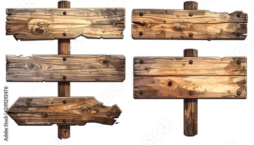 Set of Four Rustic Wooden Signposts with Weathered Texture.