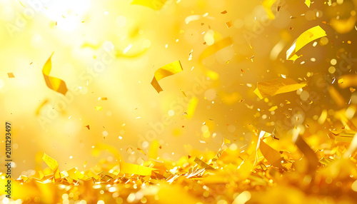 Golden Confetti Explosion Celebration Background with Bright Sunlight.