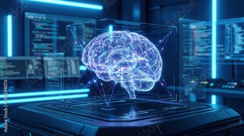 Artificial Intelligence: Digital brain visualizing neural network in futuristic interface
